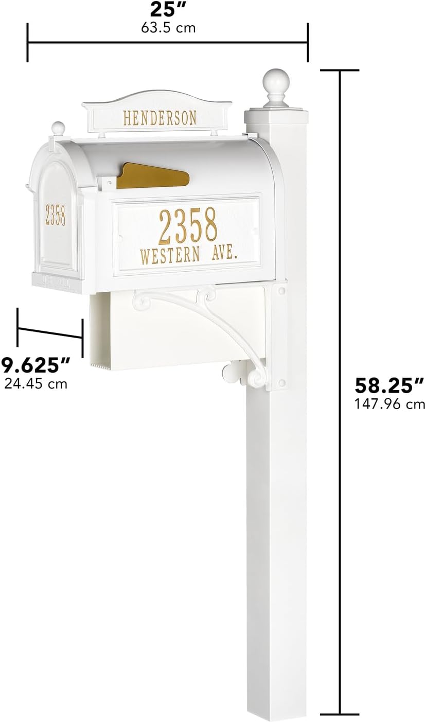 Whitehall Ultimate Mailbox Package, Personalized Large Mailbox with Post and Address Plaque for Outside - White/Gold