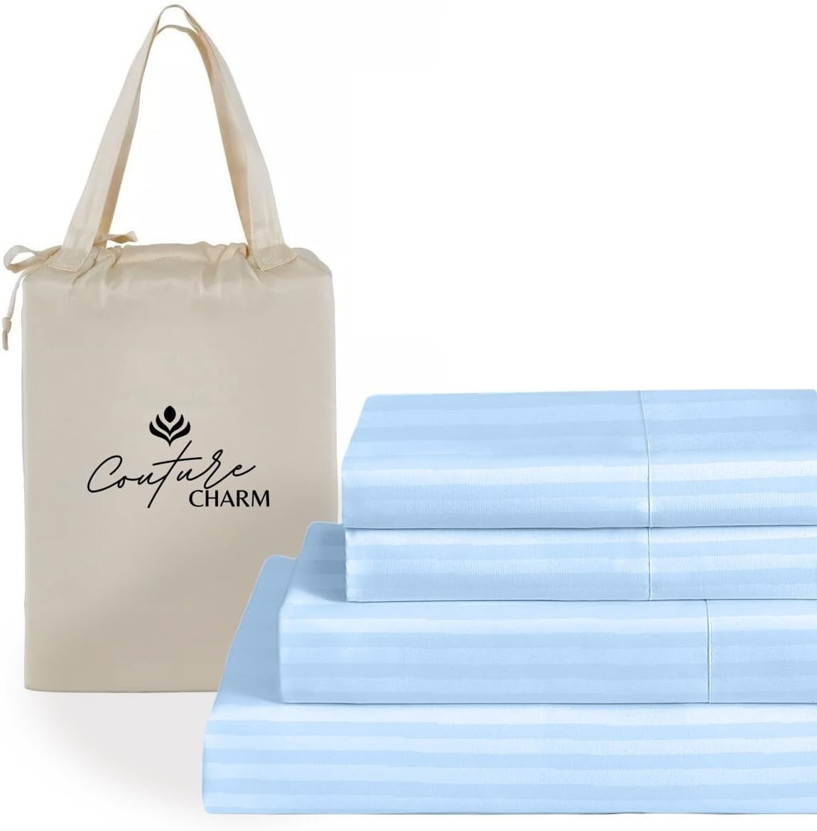 Queen Size 1000 Thread Count 100% Egyptian Cotton Sheet Set, 4-Piece, Sateen Weave, with 10-12' Deep Pocket Snug Fit (Stripe, Light Blue)
