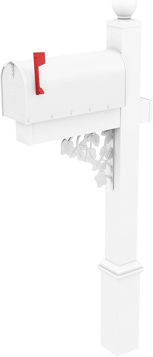 4Ever Products The Truman Vinyl/PVC Mailbox Post (Includes Mailbox) Complete Decorative Curbside Mailbox System with Classic Traditional Style (White Mailbox)