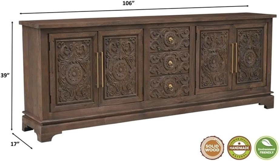 Pemberly Row Solid Mango Wood Sideboard, 39' H x 106' W x 17' D, Brown Finish, 3-Drawer 4-Door Design, Decorative Floral Carvings, Metal Handles, Spacious Cabinets, Dining Room or Living Room Storage