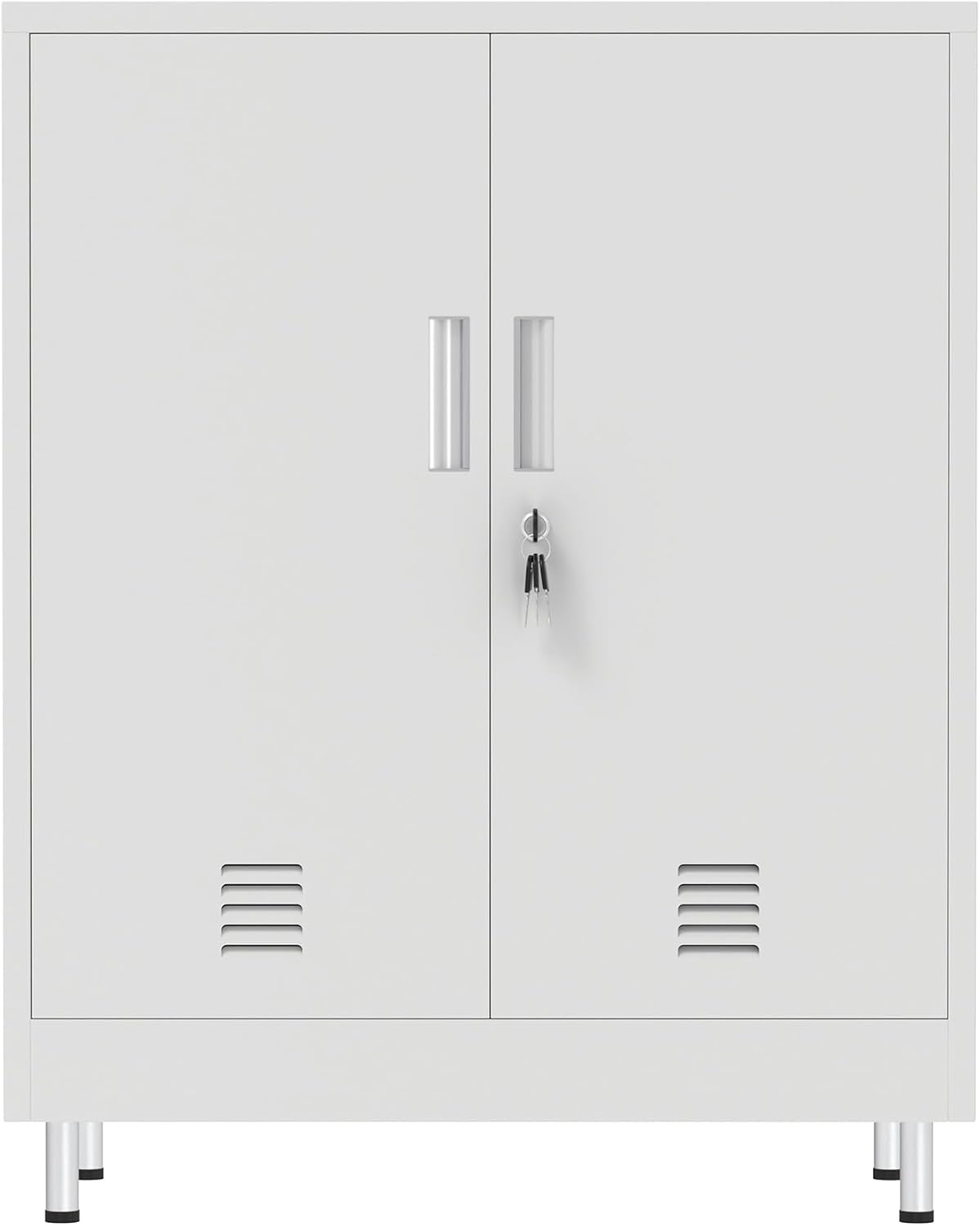 JINGUR Metal Storage Cabinet with Locking Doors and 2 Adjustable Shelves, Lockable Storage Cabinet for Home Office Garage Pantry Living Room (White)