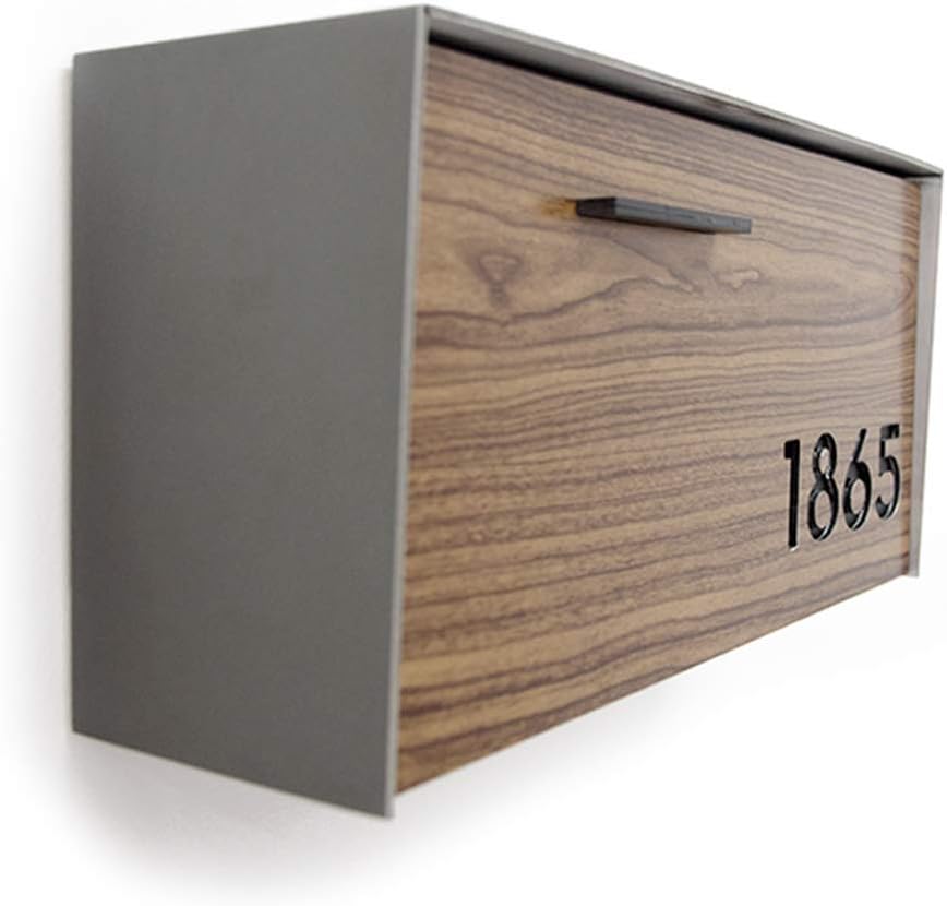 Wall Mounted Mailbox with Wood Walnut Aluminum (ACP) Face and Metalic Grey Aluminum Body and Black Acrylic Numbers - Modern Design - Custom Mailbox with House Numbers - Letterbox - Mailnest Type 3