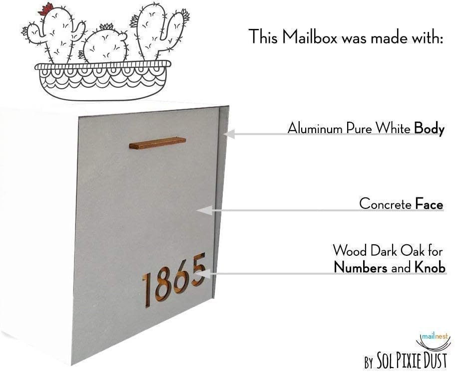Wall Mounted Mailbox with Concrete Face (Door) - White Aluminum (ACP) Body and Wood Numbers - Modern Design - Custom Mailbox - Postbox - Letterbox - Mailnest Type 1