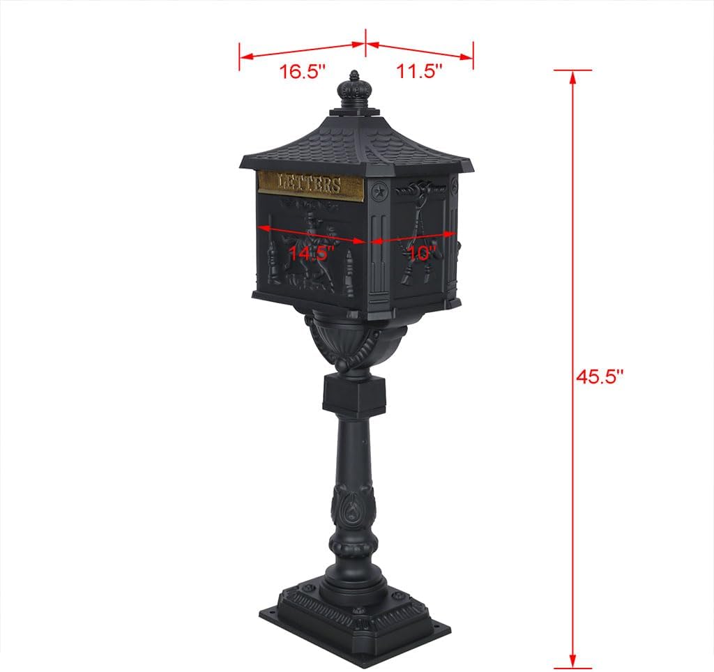 Mailbox for Outside, Aluminum Mailbox with Post, Heavy Duty Water-Resistant Mailbox with Key, Baffle Door, Expansion Bolts, Locking Residential Mailboxes for Residential House,Black