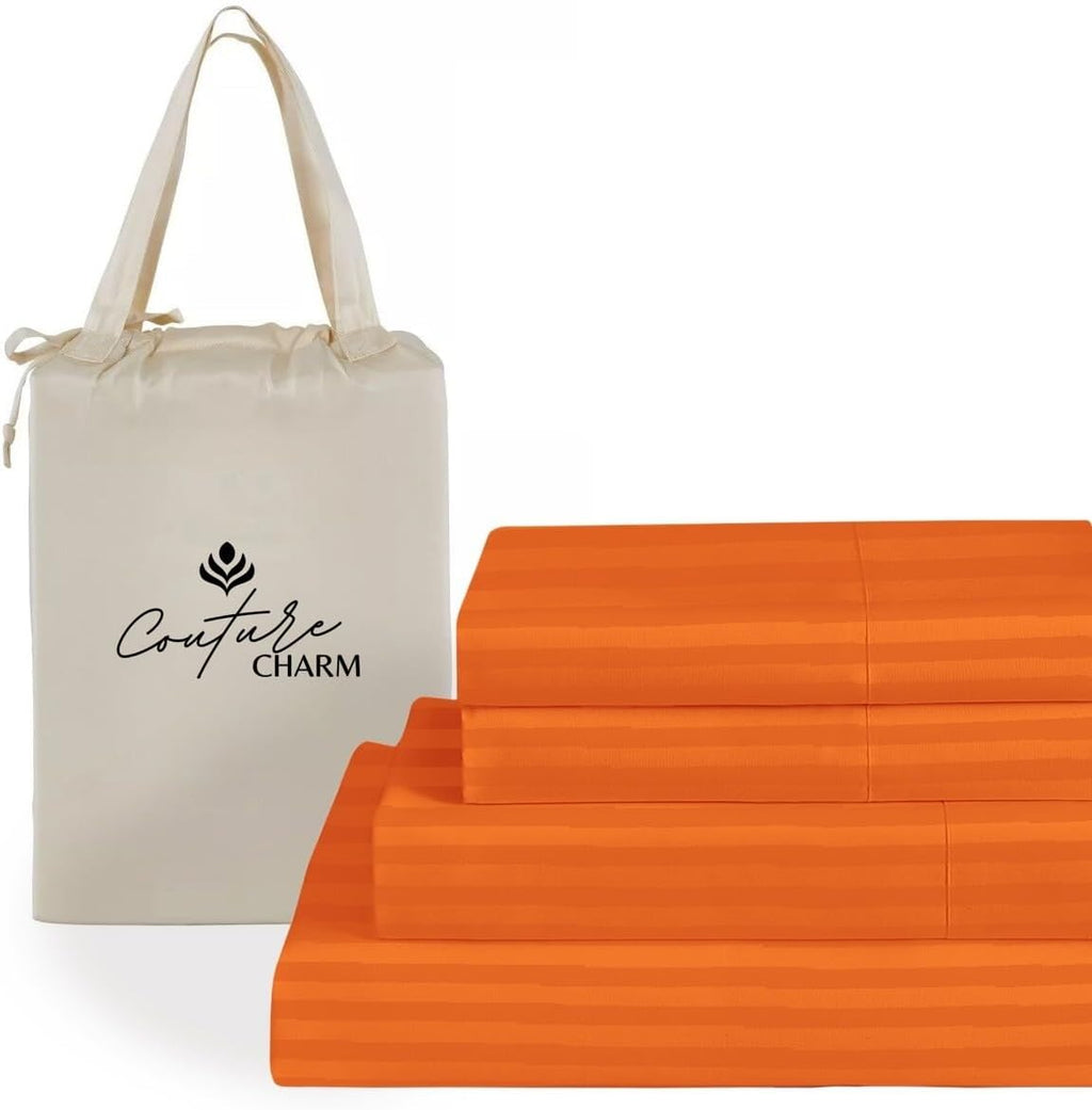 Queen Size 1000 Thread Count 100% Egyptian Cotton Sheet Set, 4-Piece, Sateen Weave, with 10-12' Deep Pocket Snug Fit (Stripe, Orange)