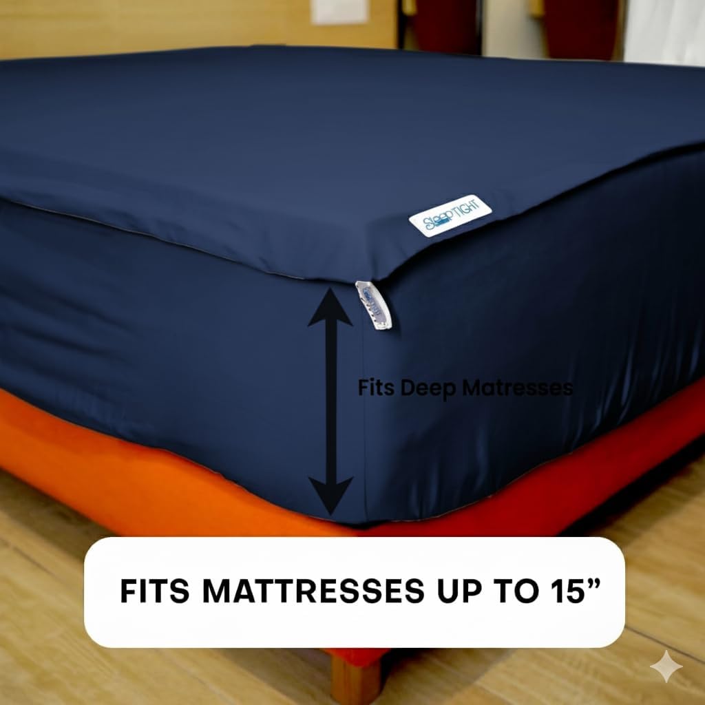 Sleep Tight Zipper Fitted Sheet Set – Includes 1 Fitted Base & 2 Zip Sheets – 100% Cotton, 600 Thread Count, Zip Sheet Set, Extra Deep Pockets (15') (Dark Blue, R.V. Short Queen (60'x75'))