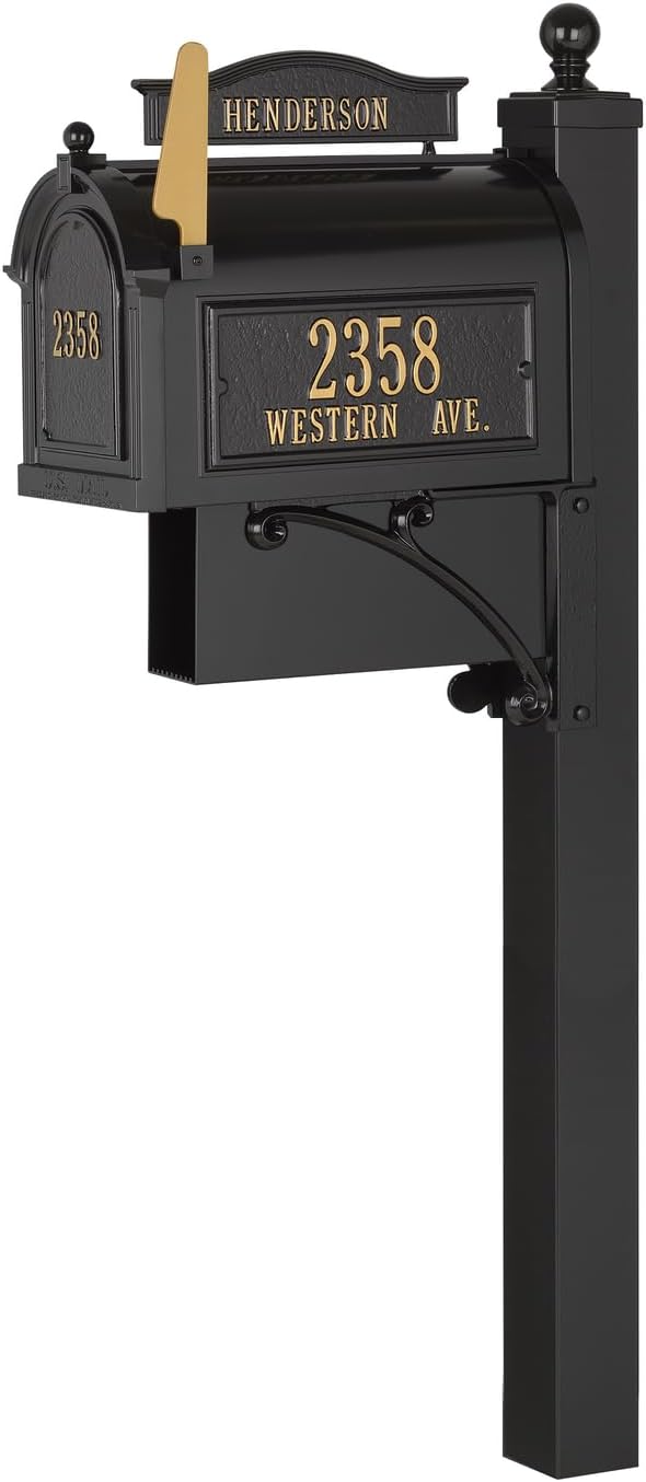 Whitehall Ultimate Mailbox Package, Personalized Large Mailbox with Post and Address Plaque for Outside - Black/Gold