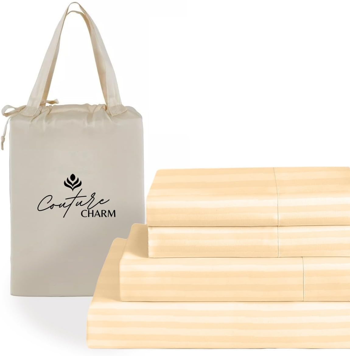 Queen Size 1000 Thread Count 100% Egyptian Cotton Sheet Set, 4-Piece, Sateen Weave, with 10-12' Deep Pocket Snug Fit (Stripe, Beige)