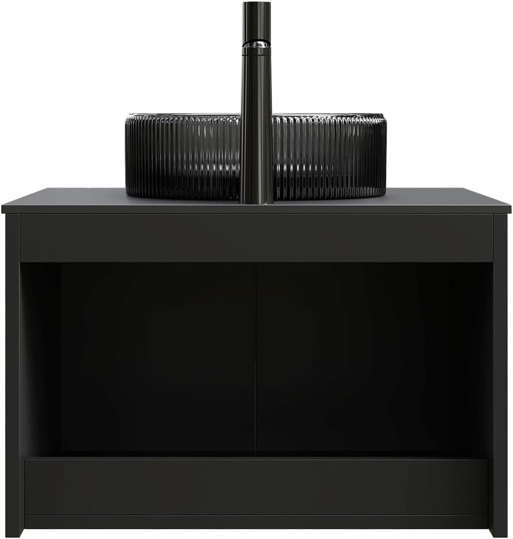 24 Inch Bathroom Vanity with Sink, Floating Fluted Vanity with Vessel Sink, Small Wall Mounted Bathroom Vanity Cabinet with 2 Doors, Glass Sink & Sintered Stone Top, Black