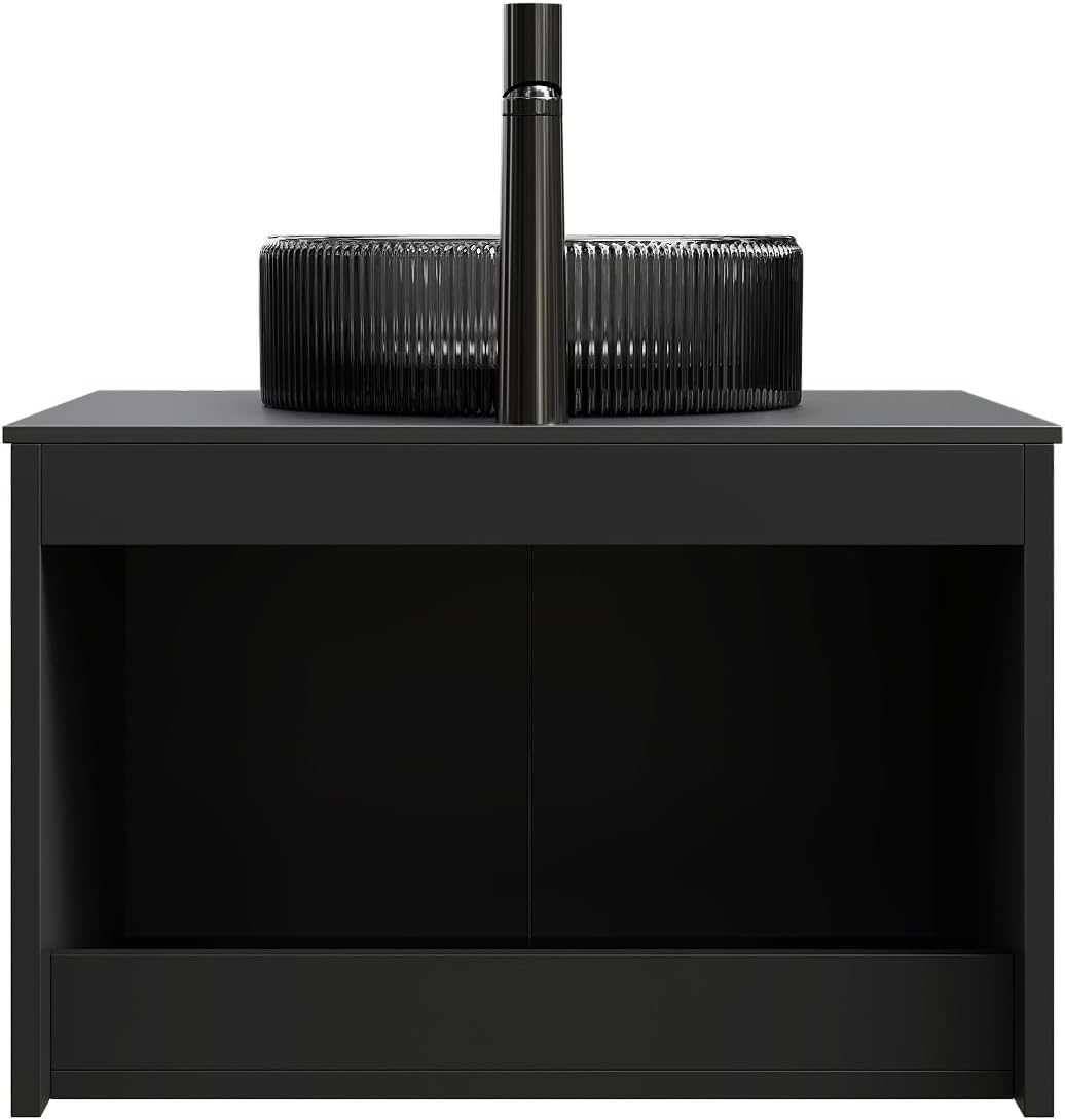 24 Inch Bathroom Vanity with Sink, Floating Fluted Vanity with Vessel Sink, Small Wall Mounted Bathroom Vanity Cabinet with 2 Doors, Glass Sink & Sintered Stone Top, Black