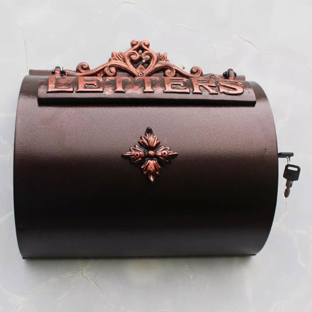 Half-Round Iron Aluminum Mailbox - European Courtyard Post Box, with Floral Engraving, Wall Decorative for Estate, Patio