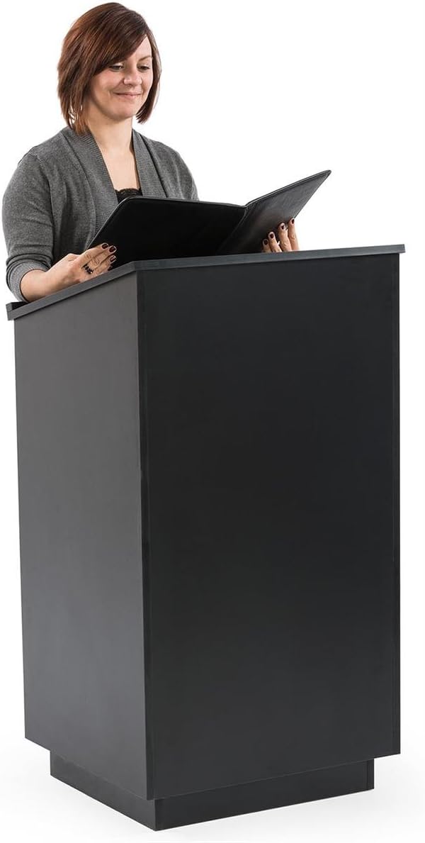 45.5' Tall Podium with Locking Cabinet, Inner Shelf, 25' Wide Angled Surface with Lip (Black)