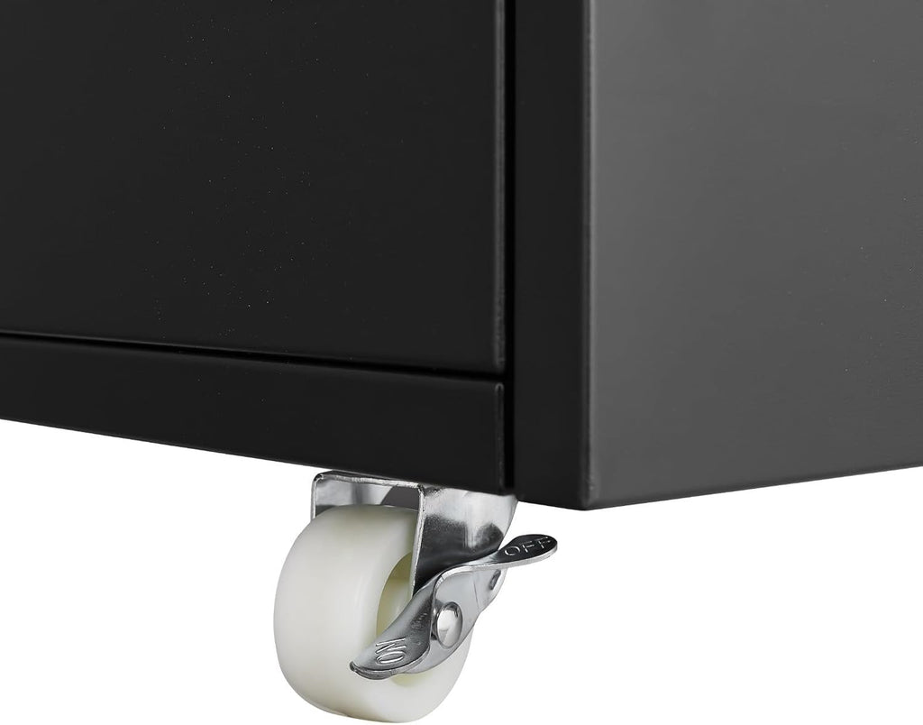 Steel Mobile File Cabinet with Adjustable Shelf and Two Lockable Swivel Casters, Filing Cabinet with Magnetic Door Stopper, 2-Doors and Golden Metal Knobs, for Home Office, Black