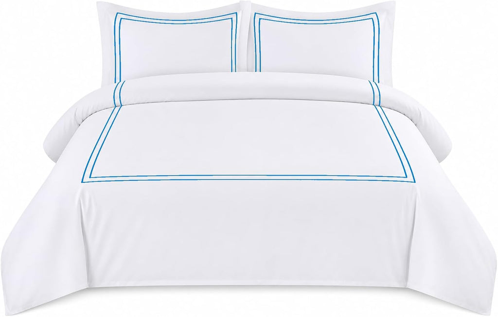 BedDecor Luxury 400-TC Egyptian Cotton 5PC Embroidered Duvet Cover Set with Beautiful 2-Stripe Embroidery(Light Blue, King/California King)