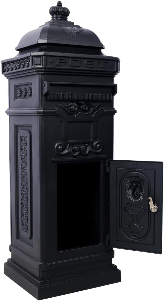 Copper Mailbox, Large Lockable Package Drop Box with Roman Statue, Rustproof Cast Aluminum Mail Boxes for Outside, Vintage Post-Mount Design, Weatherproof & Elegant Garden Letter Box (Black)