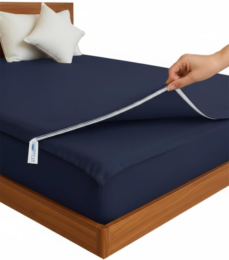 Sleep Tight Zipper Fitted Sheet Set – Includes 1 Fitted Base & 2 Zip Sheets – 100% Cotton, 600 Thread Count, Zip Sheet Set, Extra Deep Pockets (15') (Dark Blue, Twin)