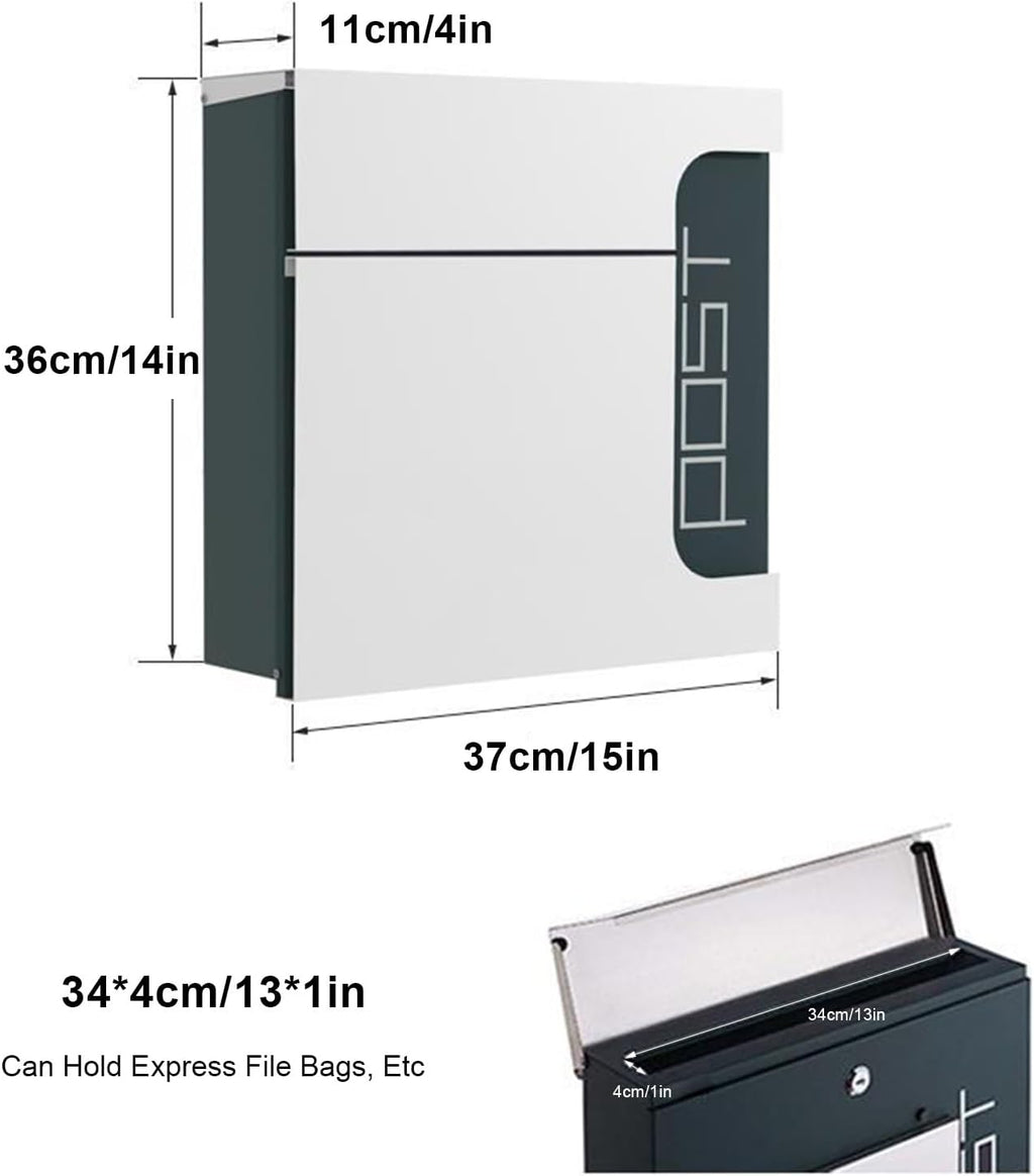 Large Mailboxes for Outside, Locking Wall Mount Mailbox, Modern Galvanized Steel Cover Metal Mail Box with Lock, Hanging Secured Postbox 15 x 4 x 14 Inch