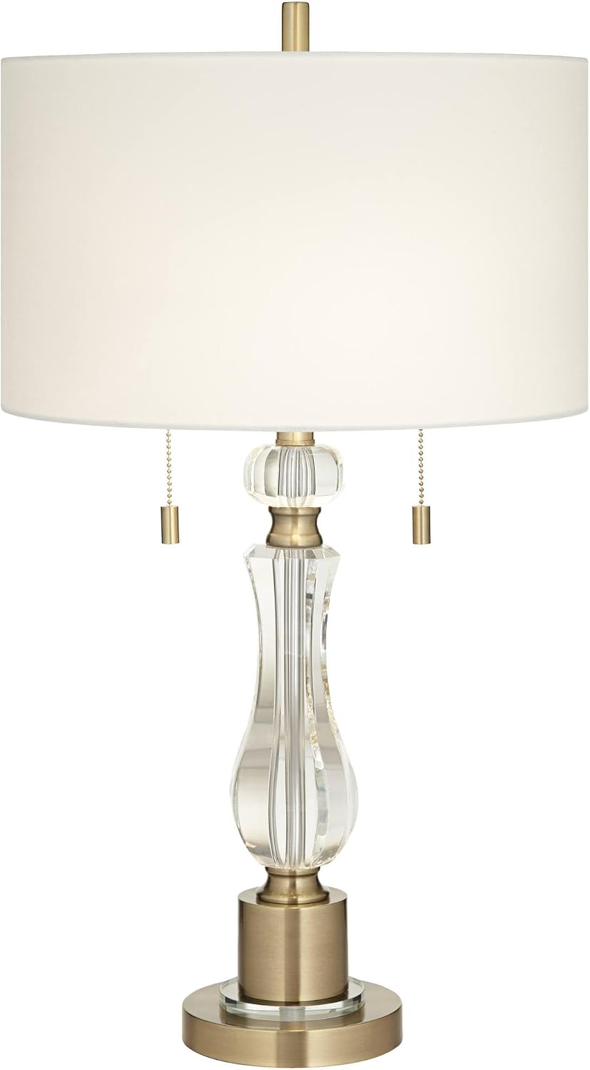 Vienna Full Spectrum Jordan 27 1/2' Tall Traditional Table Lamp Pull Chain Brass Finish Metal Crystal Single Fabric Off-White Shade Living Room Bedroom Bedside Nightstand House Office Home Reading