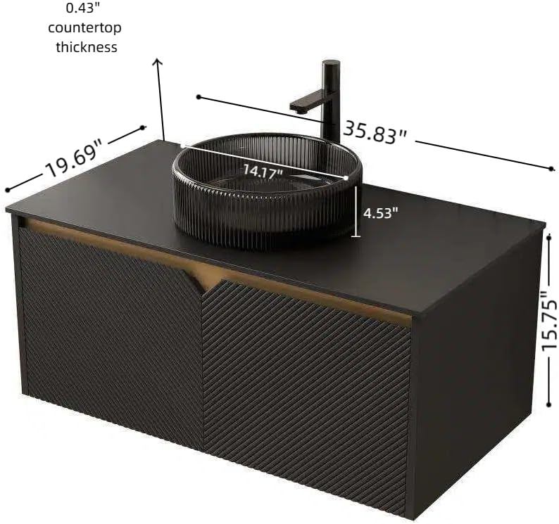 36 Inch Bathroom Vanity with Sink, Floating Fluted Vanity with Vessel Sink, Modern Bathroom Vanity Cabinet with 2 Doors with Metal Trim, Round Glass Sink & Sintered Stone Top, Black