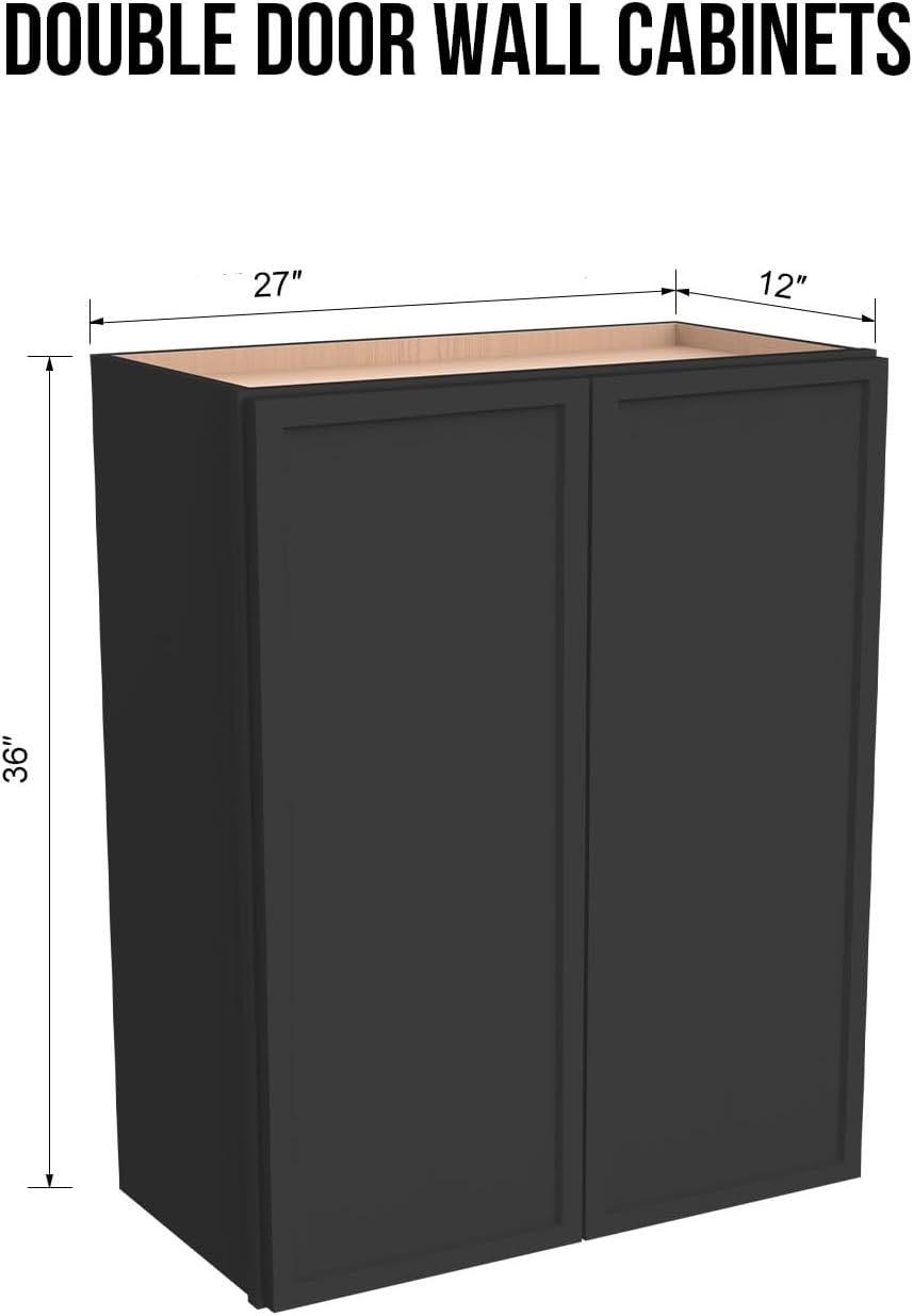 Solid Wood Wall-Mounted Medicine Cabinet, Kitchen Wall Cabinet, Bathroom Cabinet with Adjustable Shelves, 2 Doors (Black, 27' W x 36' H x 12' D)