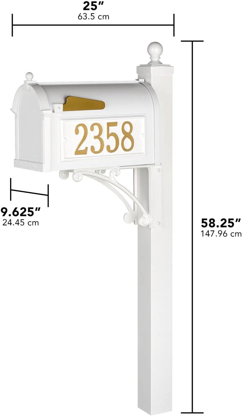 Whitehall Custom Extra Large Mailbox - Capitol Model with Address Plaque and Side Mount Post Package, Sand Cast Aluminum, White Personalized in Goldtone