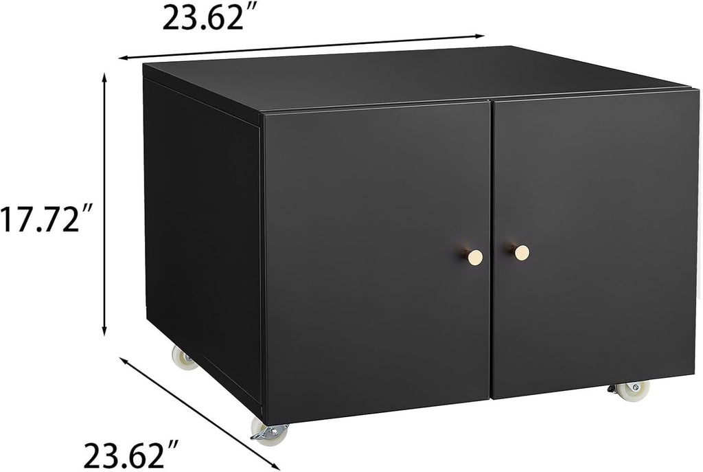 Steel Mobile File Cabinet with Adjustable Shelf and Two Lockable Swivel Casters, Filing Cabinet with Magnetic Door Stopper, 2-Doors and Golden Metal Knobs, for Home Office, Black