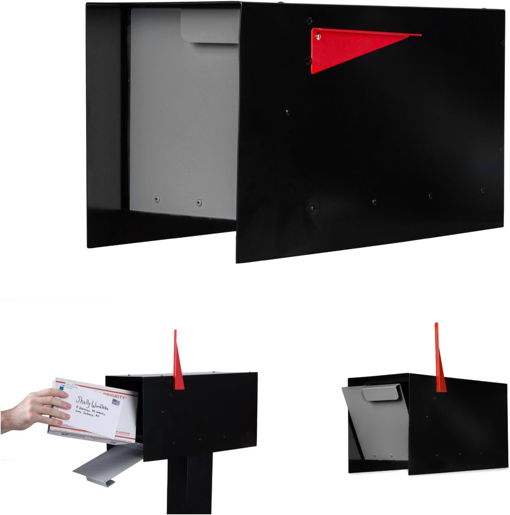 Ilyapa Modern Mailbox Post Mount - 21x8x10 Gray with Black Door Powder Coated Steel, Waterproof Letter Box for Parcels, with Black Recessed Magnetic Close Door
