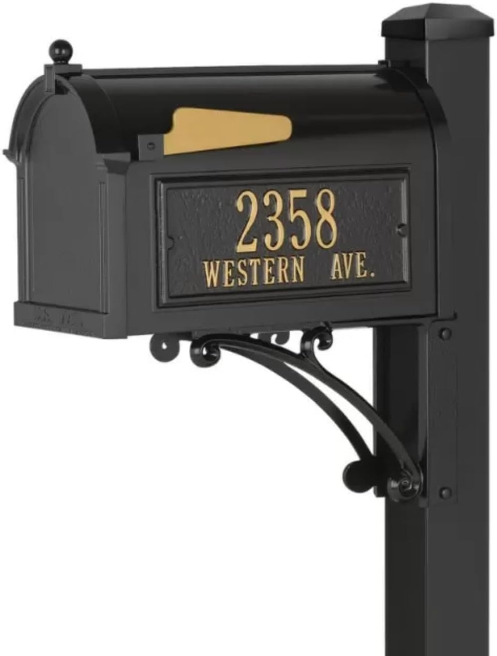 Superior Mailbox Package by Whitehall Black Large Cast Aluminum Mailbox with Decorative Post & Custom Address Side Plaques Weather Resistant Streetside Outdoor Mail Unit