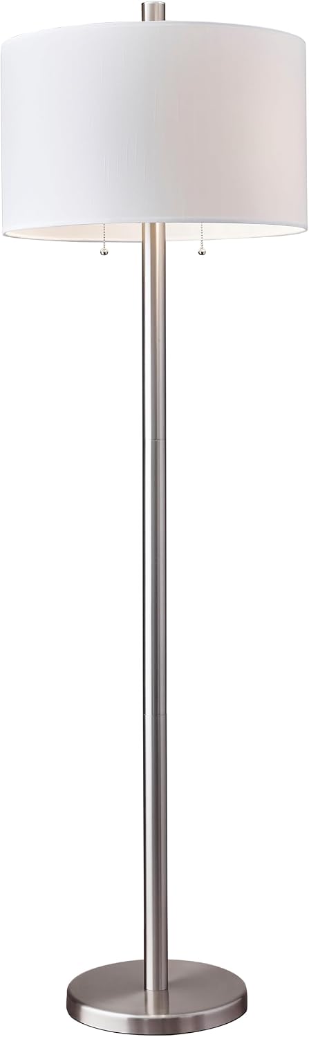Adesso Floor Lamp with Dual Pull Chains, Brushed Stee; Finish, White Fabric Lampshade – Bedroom, Home Office Lighting, or Living Room Decor, 61' x 18.5'