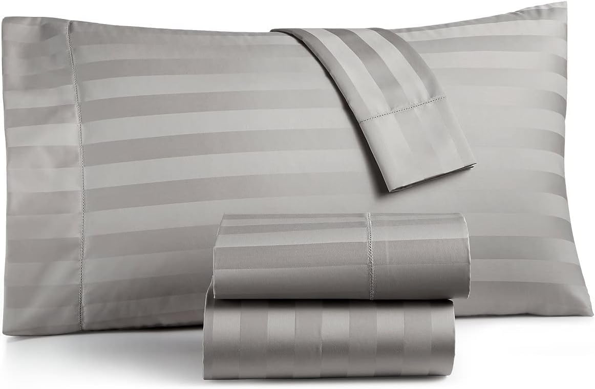 Damask Stripe Twin Size 6 Piece Sheet Set 12 inch Deep Pocket - 1000 Thread Count 100% Egyptian Cotton 6 PC Luxury Cotton Damask Bed Sheets - Silver Grey