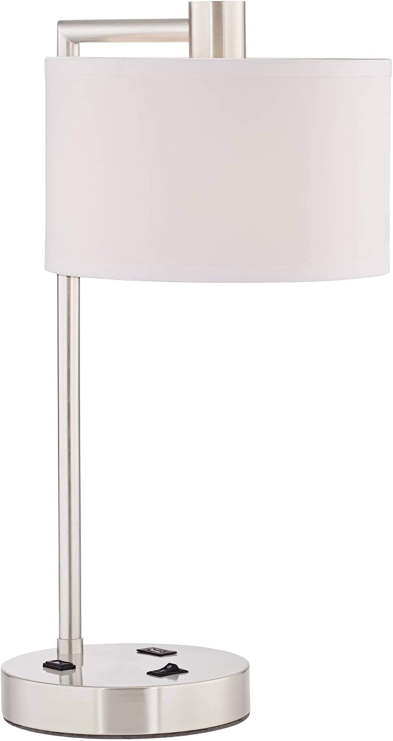 360 Lighting Colby Modern Desk Table Lamps 21' High Set of 2 with Hotel Style USB and AC Power Outlet in Base Brushed Nickel White Linen Shade for Living Room Bedroom Bedside Home Office