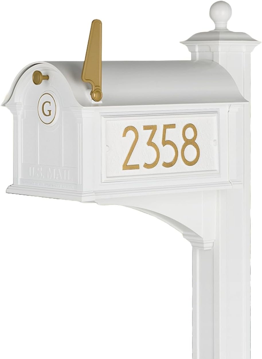 Whitehall Custom Extra Large Mailbox - Balmoral Model with Modern Style Address Plaques, Monogram and Side Mount Post Package, Sand Cast Aluminum, White Personalized in Goldtone
