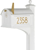 Whitehall Custom Extra Large Mailbox - Balmoral Model with Modern Style Address Plaques, Monogram and Side Mount Post Package, Sand Cast Aluminum, White Personalized in Goldtone
