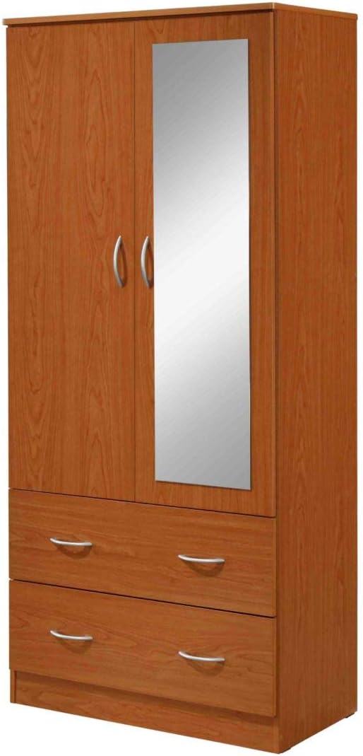 HODEDAH 2 Door Wood Wardrobe Bedroom Closet with Clothing Rod Inside Cabinet, 2 Drawers for Storage and Mirror, Cherry