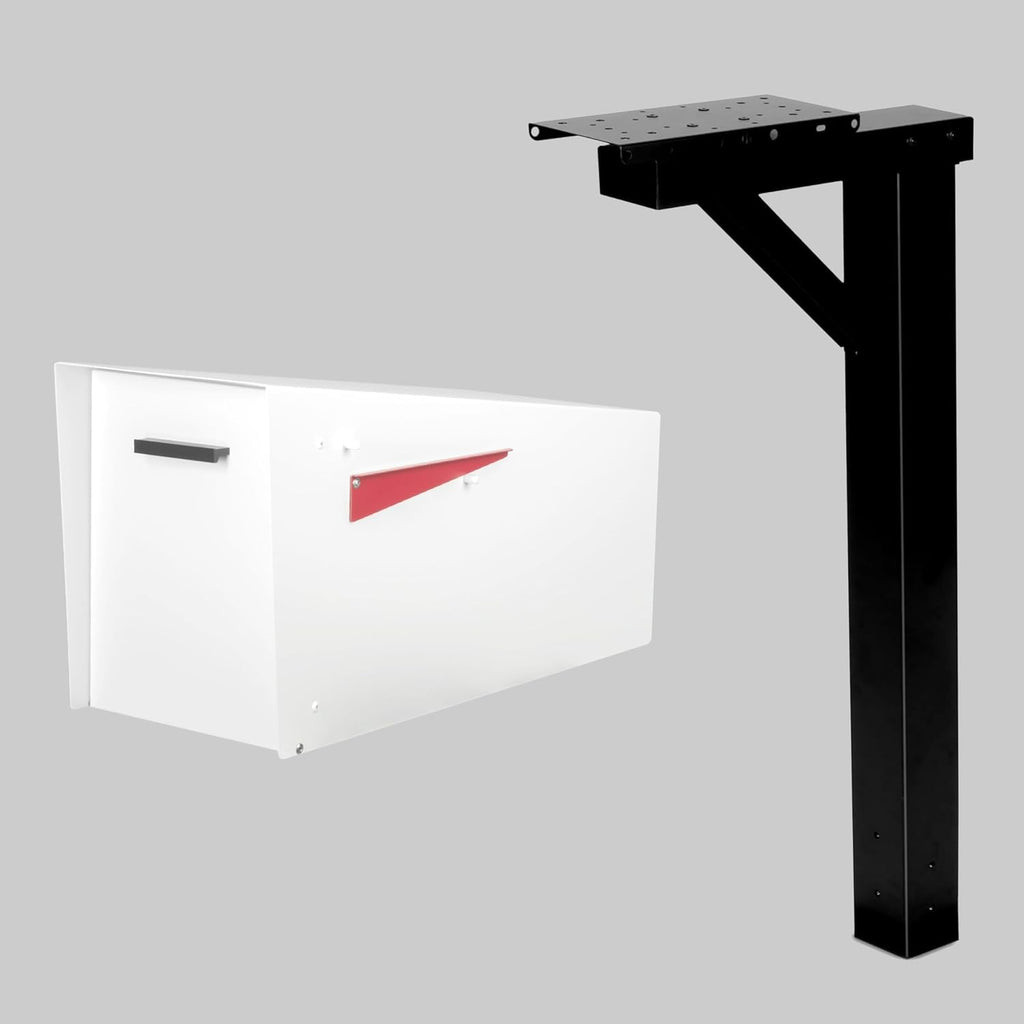 Ilyapa Modern White Mailbox with Angle Design, Waterproof Metal Curbside Box & Black Heavy-Duty Post Kit – Secure Magnetic Close, Easy Universal Installation