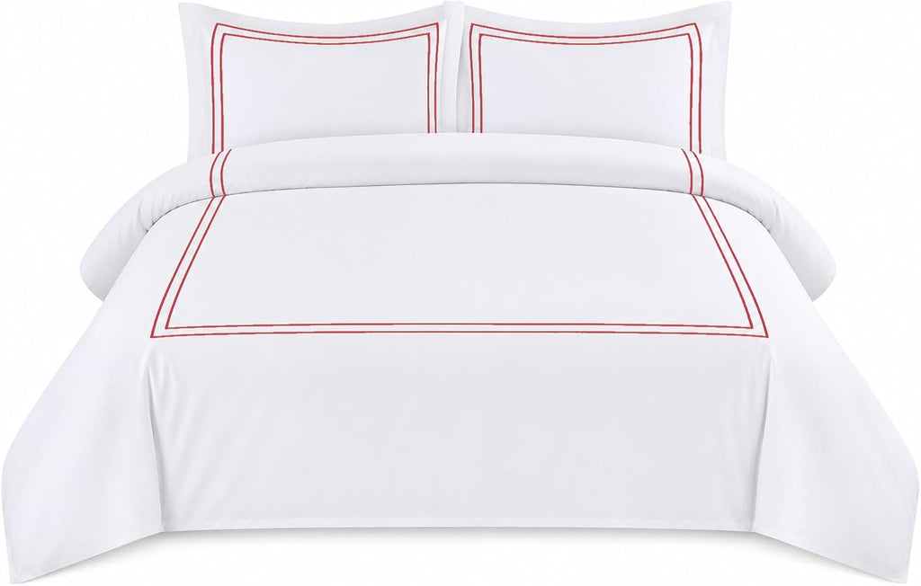BedDecor Luxury 400-TC Egyptian Cotton 5PC Embroidered Duvet Cover Set with Beautiful 2-Stripe Embroidery(Brick Red, Full/Queen)