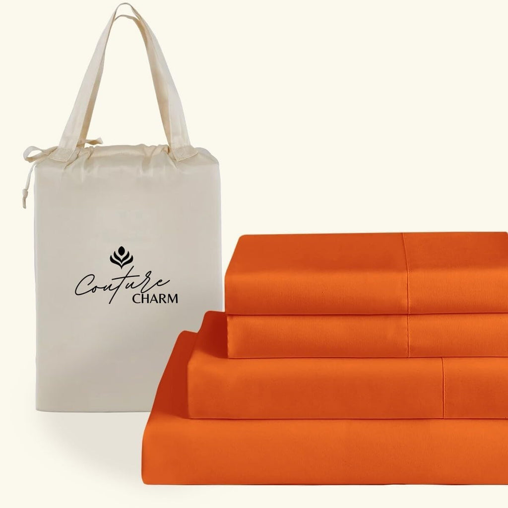 Queen Size 1000 Thread Count 100% Egyptian Cotton Sheet Set, 4-Piece, Sateen Weave, with 10-12' Deep Pocket Snug Fit (Solid, Orange)