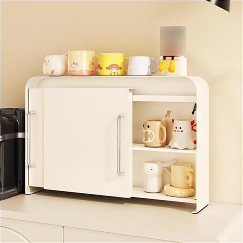 Cups Storage Cabinet with Doors, 2 Tier Shelves Sideboard Organizer, Metal Spice Rack, Snack Organizer, Desktop Organize for Living Room, Kitchen, Coffee Shop(White)