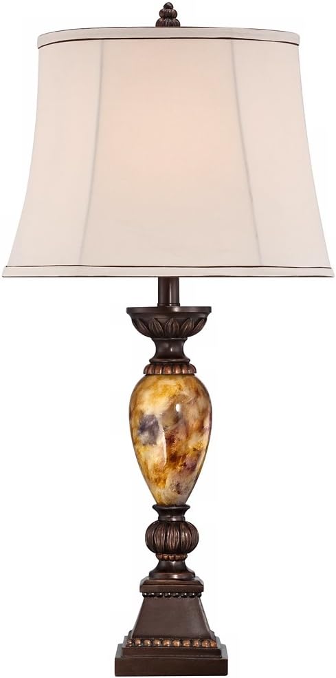 kathy ireland Mulholland Traditional Table Lamp 30' Tall Brown Gold Faux Marble Aged Bronze Off-White Fabric Oval Shade Decor for Bedroom Living Bedside Nightstand Home Office Kids Room