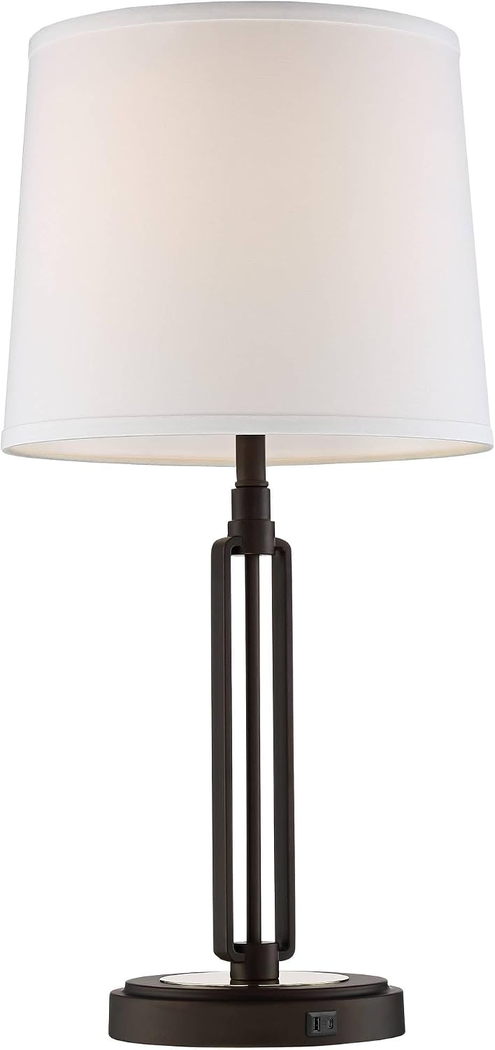 Franklin Iron Works Javier 24 1/2' High Mid Century Modern Rustic Industrial Table Lamps Set of 2 USB Port Brown Bronze Finish Metal White Shade Living Room Charging Bedroom Bedside Nightstand House