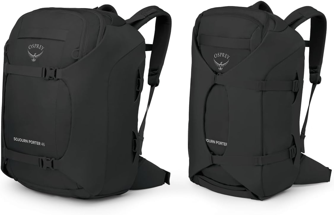 Osprey Sojourn Porter 46L Travel Backpack – Carry-On Compliant Luggage with StraightJacket Compression and Padded Laptop Sleeve – Durable Pack for International or Urban Travel, Black