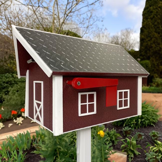 Amish Recycled Plastic Deluxe Mailbox, Cherrywood & White, Extra Large Barn-Style Mailbox with Diamond Plate Metal Roof, Durable Poly Lumber Construction, Post Mount, Made in USA
