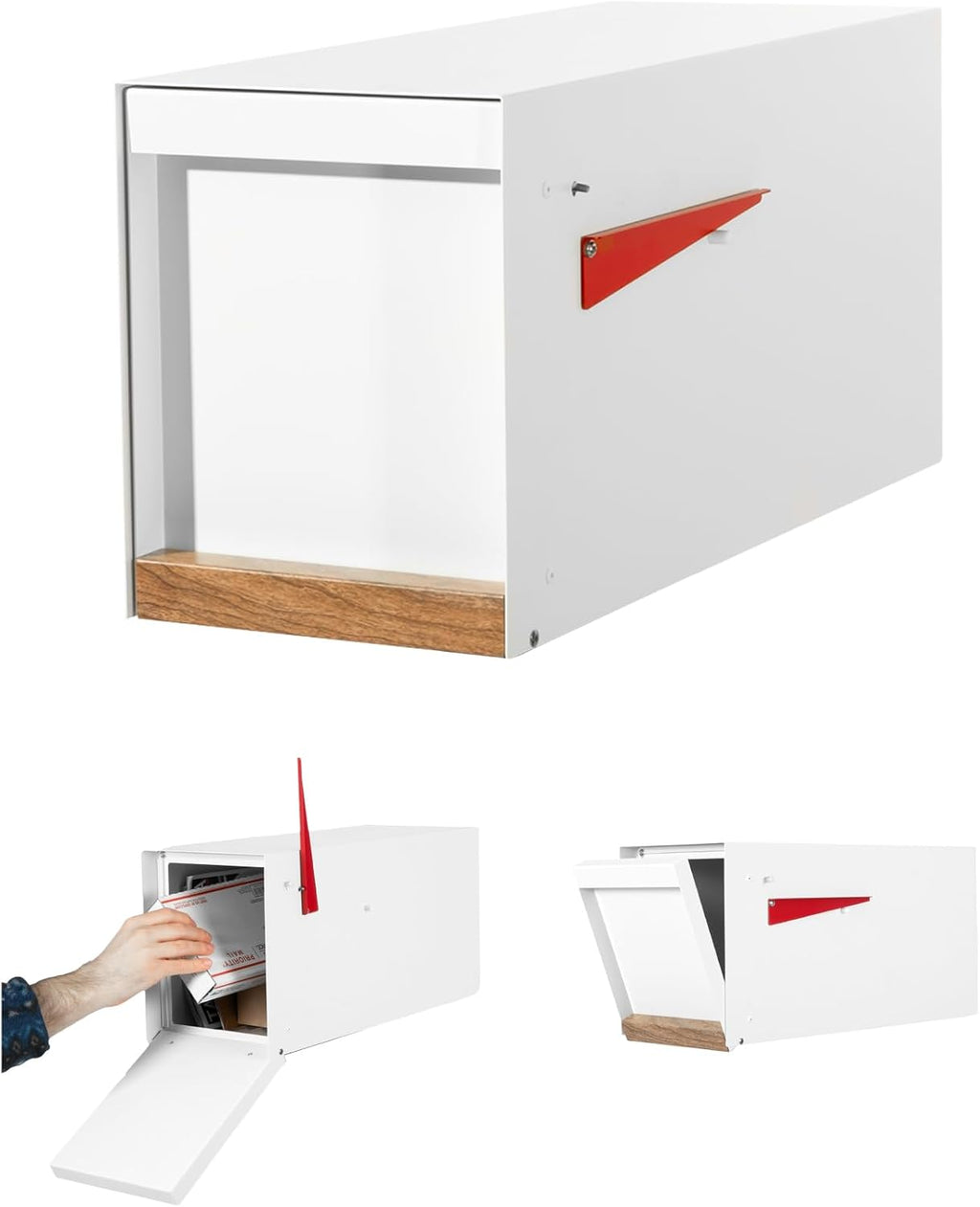 Ilyapa Modern Mailbox Post Mount Mailboxes for Outside - 21x8x10 White Powder Coated Metal Mailbox with Printed Ash Wood Grain Trim - Waterproof for Parcels, Magnetic Close Door