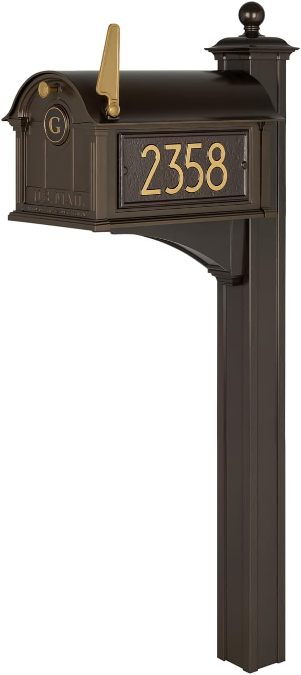 Whitehall Custom Extra Large Mailbox - Balmoral Model with Modern Style Address Plaques, Monogram and Side Mount Post Package, Sand Cast Aluminum, Bronze Personalized in Goldtone