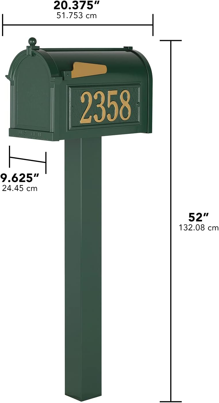 Whitehall Premium Mailbox with Side Address Plaques, Personalized Large Mailbox with Post and Address Plaque for Outside, Package Mail Box with Post (4 Colors Available)