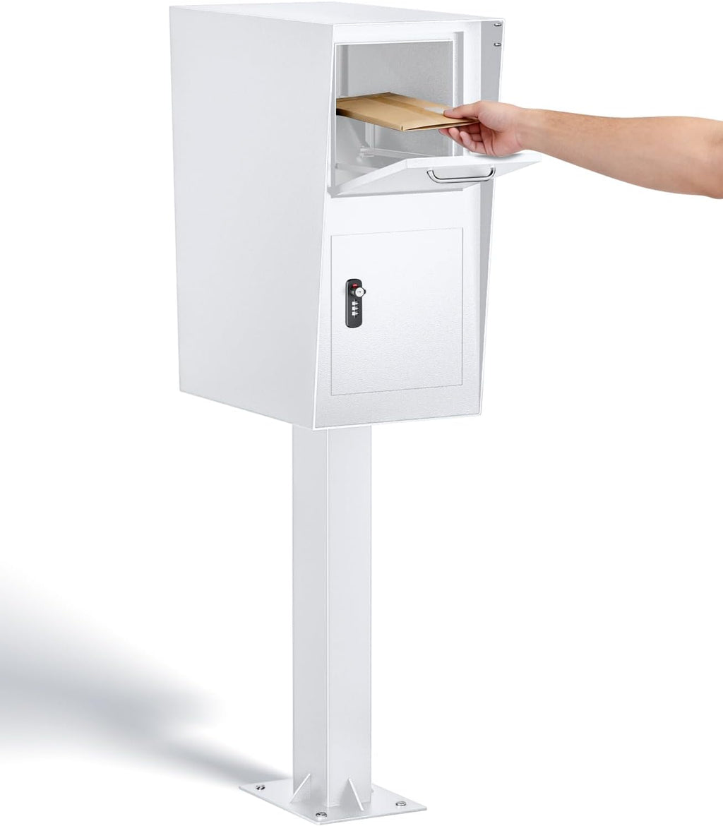 All-in-One Secure Curbside Locking Mailbox for Packages & Mail, Galvanized Steel with Combination Lock & Key, Anti-Theft Rainproof Design, Spacious Interior (White)
