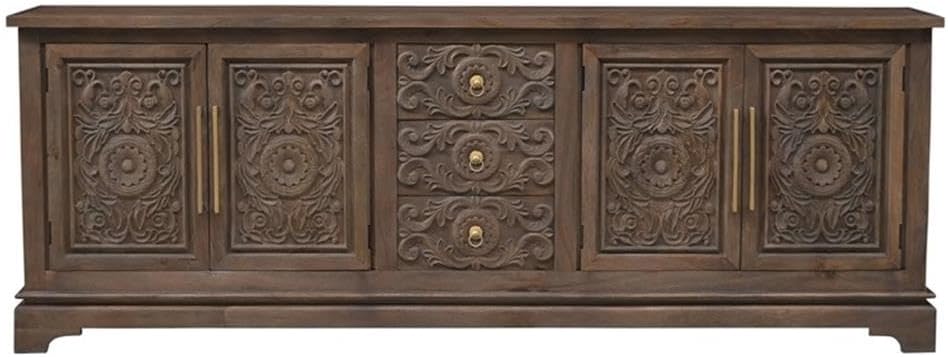 Pemberly Row Solid Mango Wood Sideboard, 39' H x 106' W x 17' D, Brown Finish, 3-Drawer 4-Door Design, Decorative Floral Carvings, Metal Handles, Spacious Cabinets, Dining Room or Living Room Storage