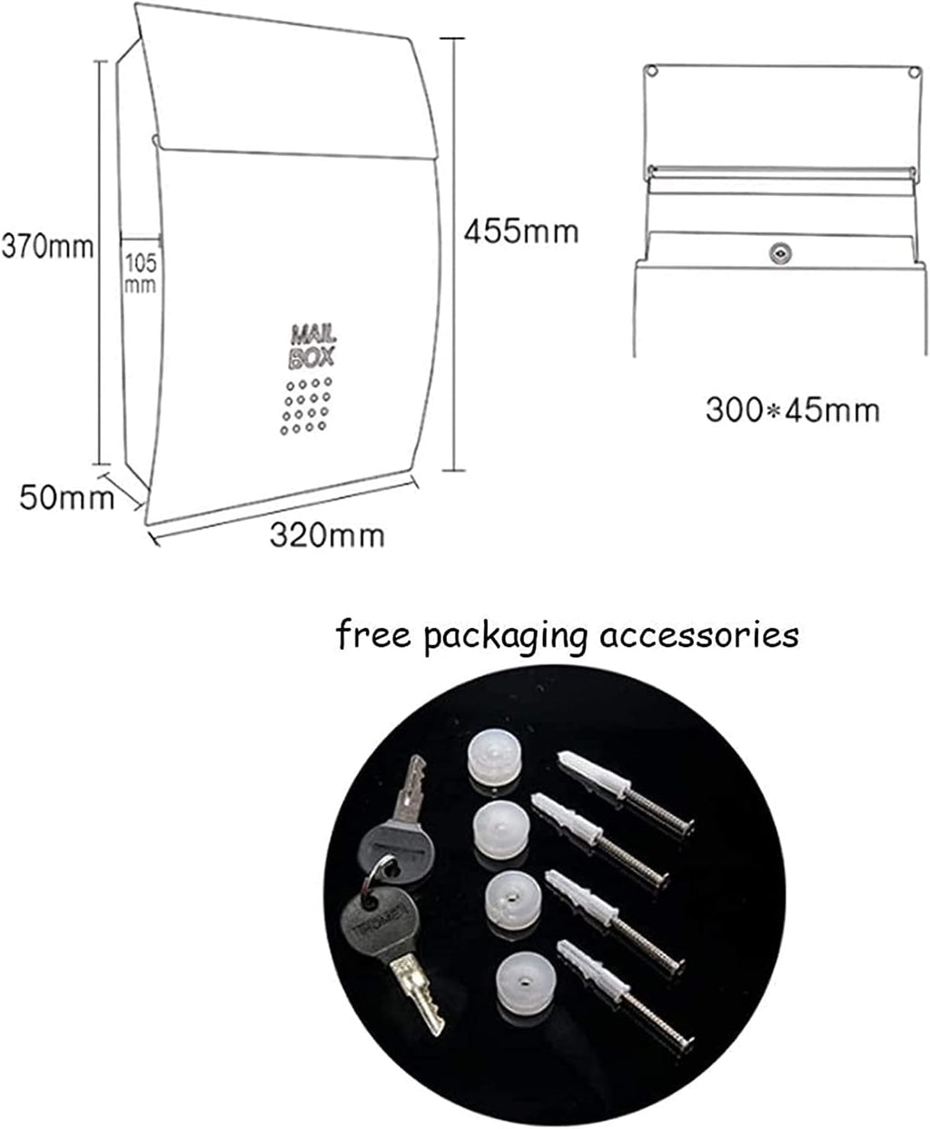 Wall-Mount Mailboxes Modern Villa Metal Mail Box ，Outdoor Rainproof Wall-Mounted Mailbox Household Large Magazine Postbox with Lock and Keys (Color : Black, Size : 32 * 10.5 * 45.5cm)