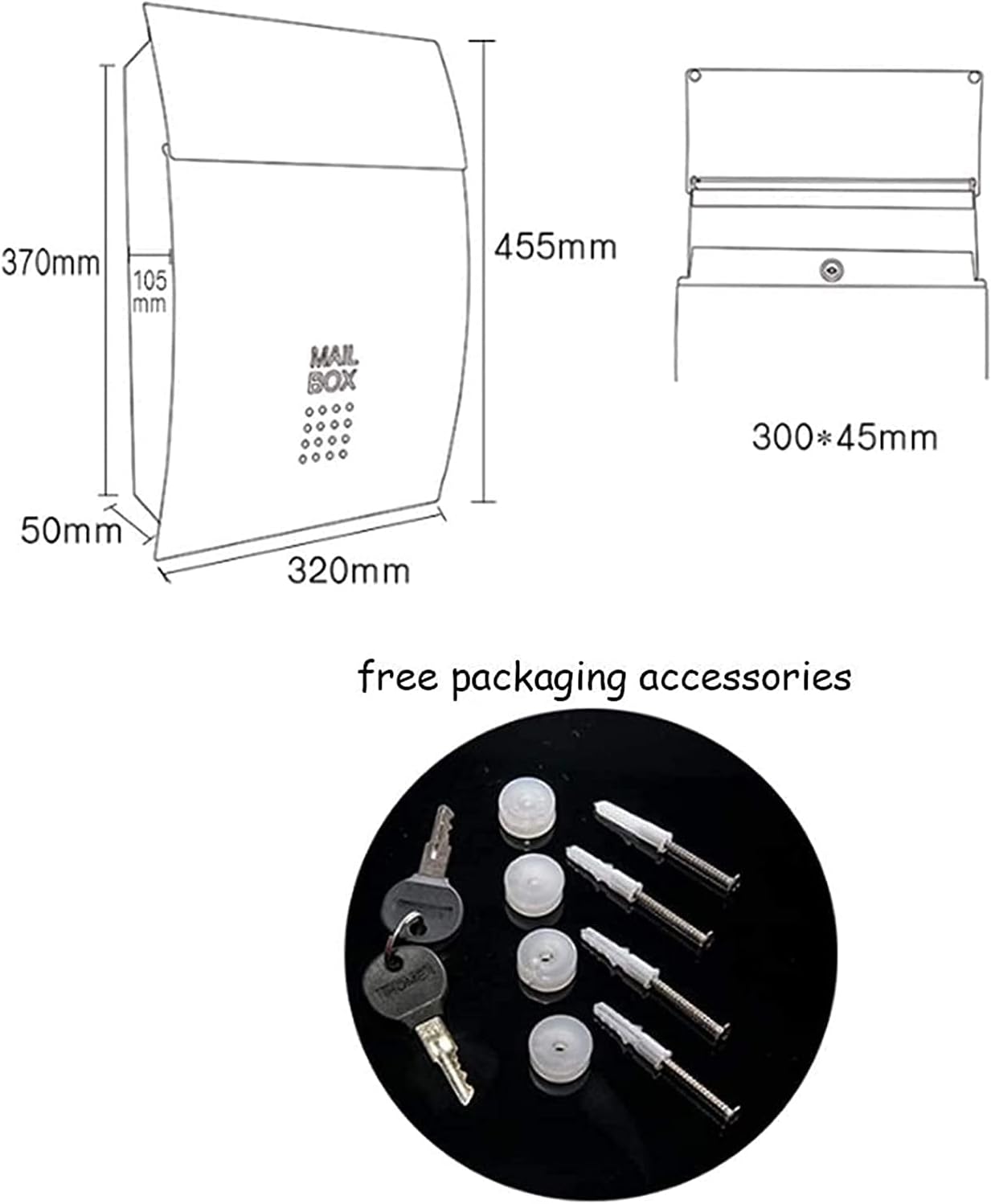 Wall-Mount Mailboxes Modern Villa Metal Mail Box ，Outdoor Rainproof Wall-Mounted Mailbox Household Large Magazine Postbox with Lock and Keys (Color : Black, Size : 32 * 10.5 * 45.5cm)