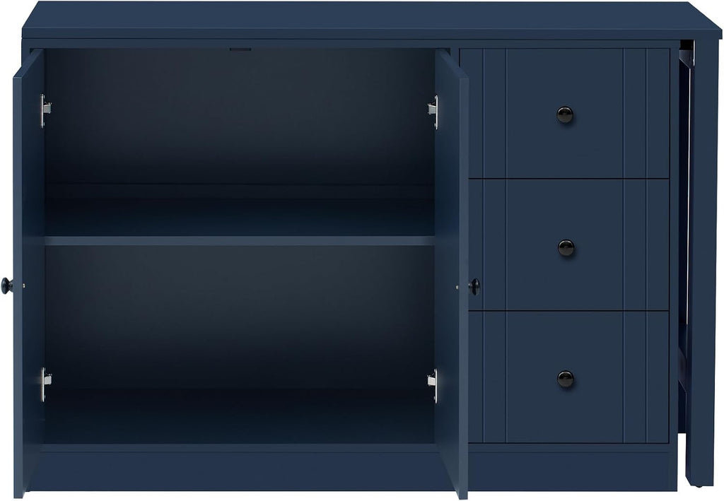 RUNNA 89.7''Wooden Sideboard with Extendable Table,Multifunctional Storage Cabinet with 2 Doors and 3 Drawers,for Living Room,Study,Foyer and Kitchen (Navy Blue#68)